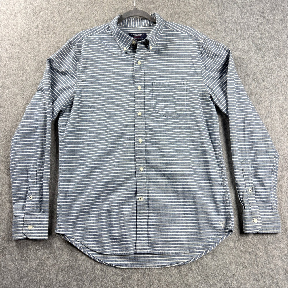Vintage American Eagle Fit Men Shirt Medium Striped Long Sleeve Button-Up Blue